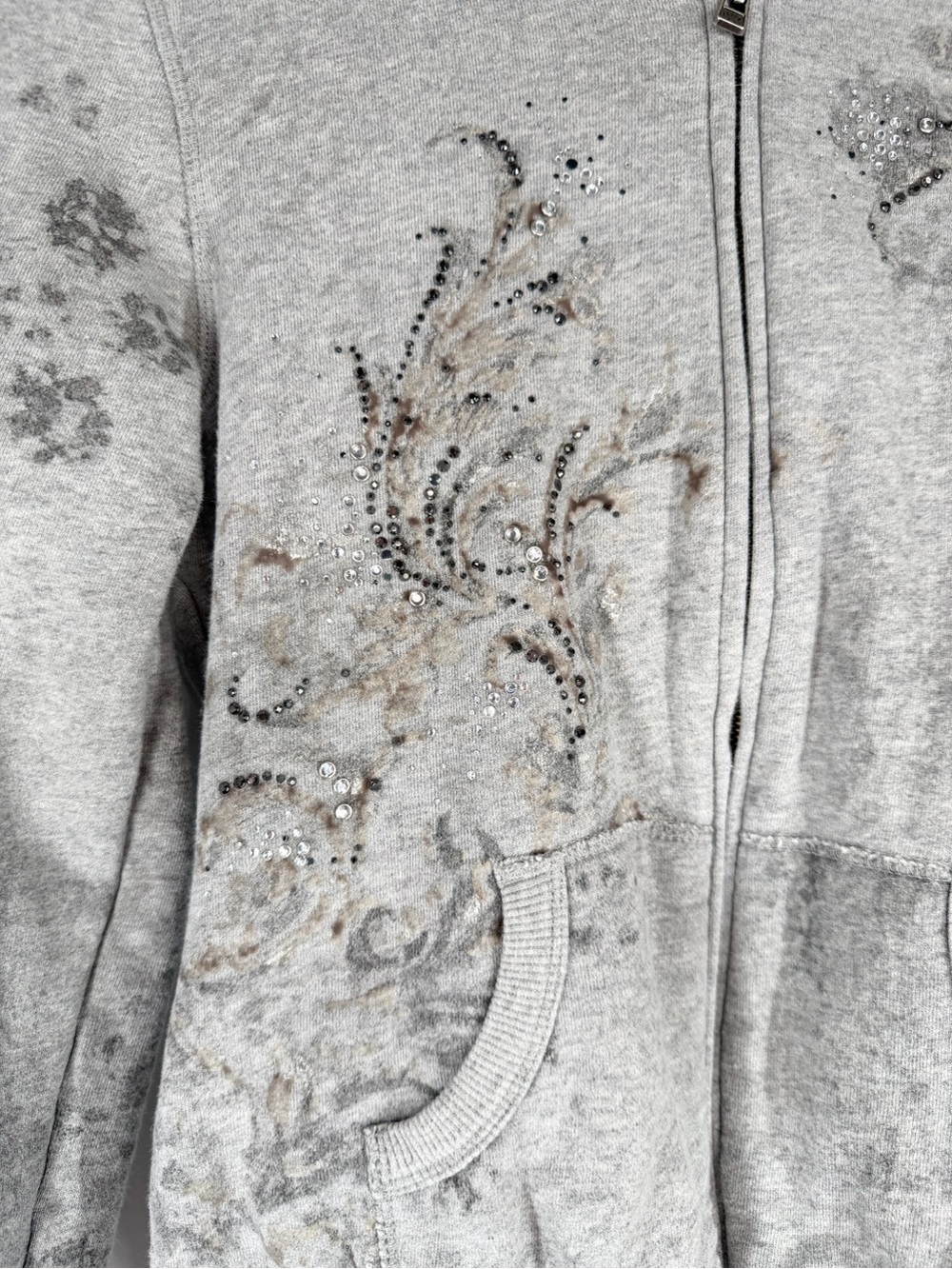 Vintage Miss Me Y2K Gray Faux Fur Lined Bling Hooded Zip Up Sweater Size Medium - Picture 4 of 13